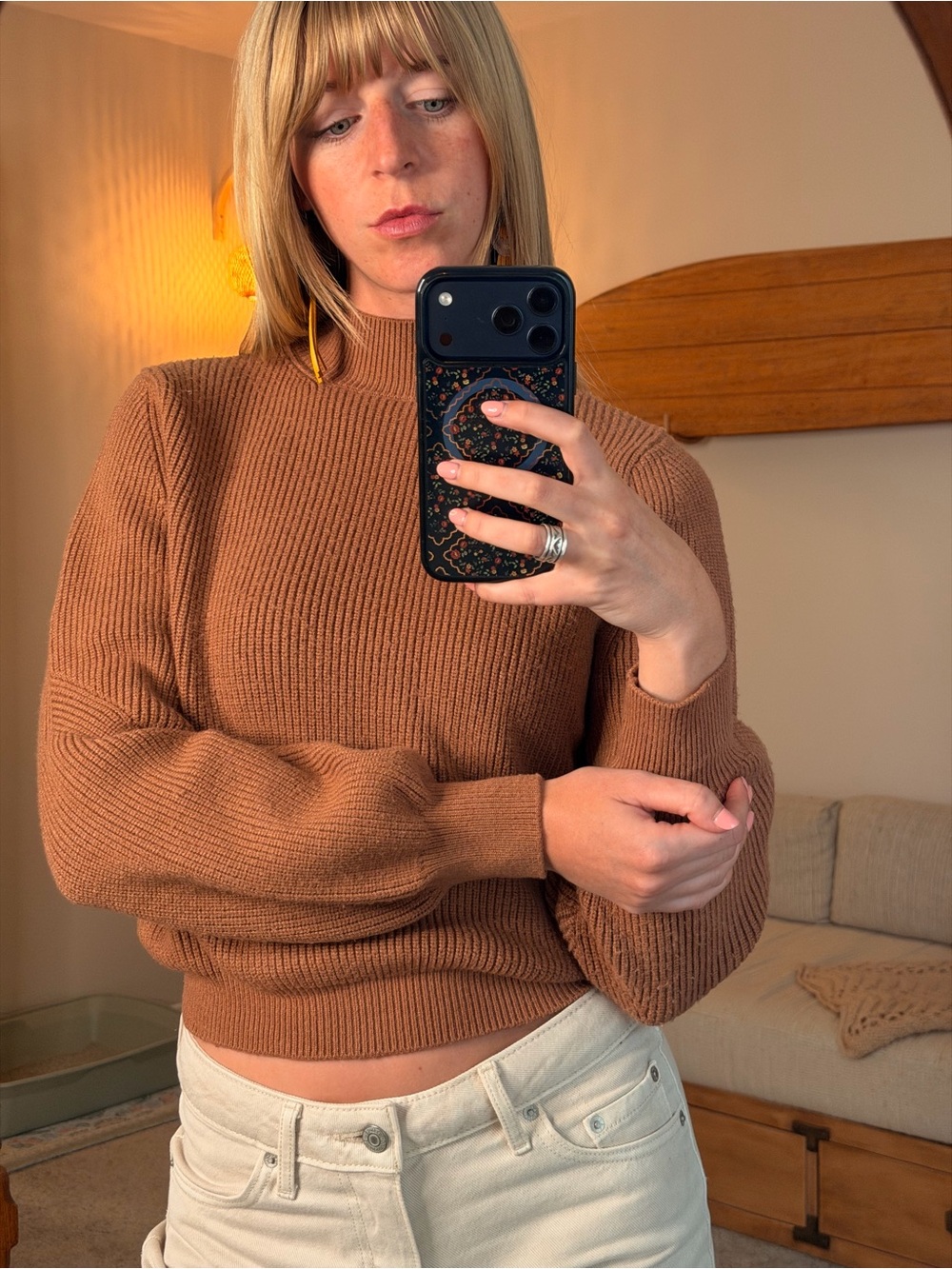 Warm Brown Mock Neck Knit Sweater with Balloon Sleeves